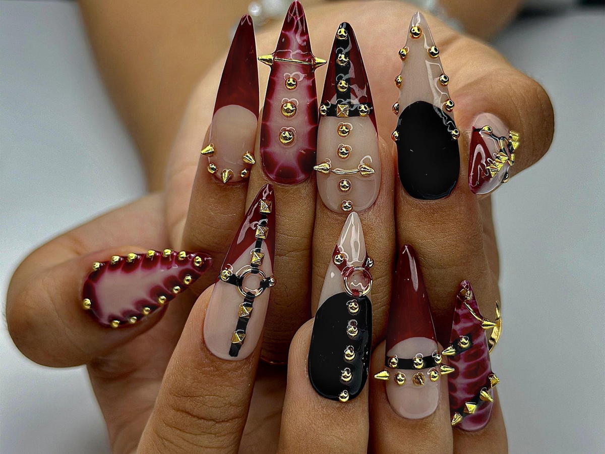 Gothic Punk Press On Nails | Red Marble & Studded Spiked Nail Art | Handmade Long Stiletto Nails | OC993EP