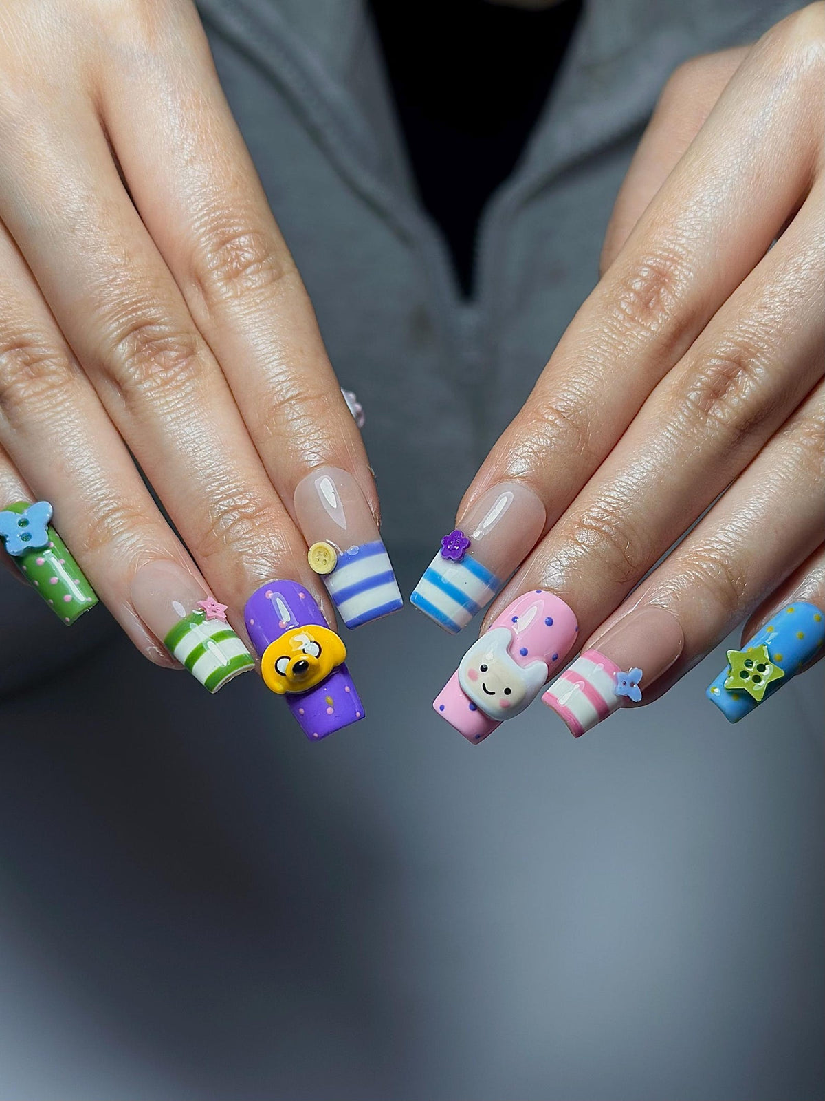 Adventure Time Press On Nails | Finn & Jake Cartoon Nails | Cute Kawaii Character Nail Art | Colorful 3D Nails | Fun Press Ons | OB331HC