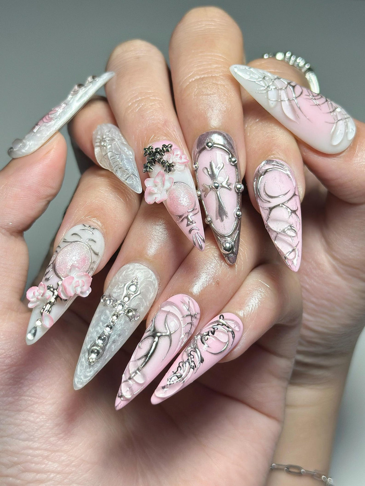 3D Pink Gothic Cyber Nails | Silver Chrome Cross Press Ons | Ethereal Grunge Liquid Metal Nails | Y2K Punk Butterfly Press Ons | OB362IC
