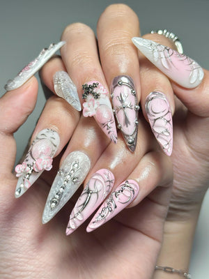 3D Pink Gothic Cyber Nails | Silver Chrome Cross Press Ons | Ethereal Grunge Liquid Metal Nails | Y2K Punk Butterfly Press Ons | OB362IC