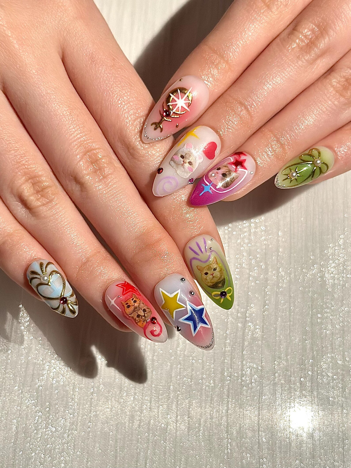 Kawaii Cat Press On Nails | Y2K Cute Kitty Nails | Colorful Nails | Harajuku Pop Nail Art | Handmade Cute Press Ons | OB313HC