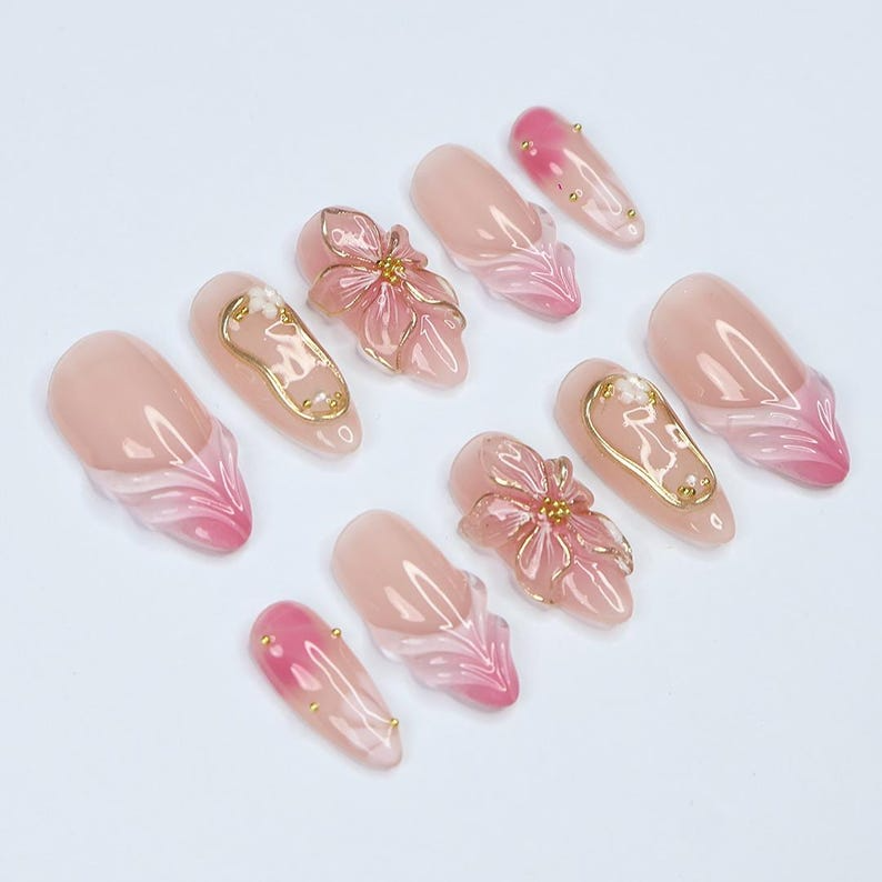 Blush Bloom Elegance Press On Nails with 3D Floral Accents| Gold Details & Pink Ombre| Suitable for Wedding| Events or Gift for Her OC828LK