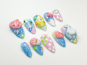 Kawaii Summer Press On Nails | 3D Pastel Marine Animals | Kawaii Sea Nail Art | Cartoon Seal Whale Jellyfish Nails | Summer Nails | OB890HC