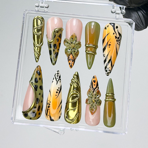 Jungle Safari Glam Press On Nails | Gold 3D Embellished Leopard Fake Nails | Olive & Mustard Animal Print Nail Art | Exotic Nails | OB733YK