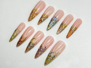Gold Foil Floral Press On Nails | Vintage Garden Nails | Nude Gradient Floral Nails | Long Press On Nails | Botanical Press Ons | OC773HC