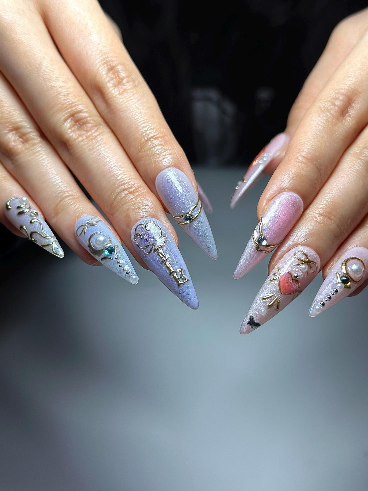 Pastel Cat Eye Press On Nails | Pink Purple Ombre Nails | Cute Heart Bow Nail Art | Elegant Gold Detail Nails| Fairycore Press Ons| OC1307HC
