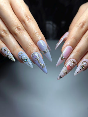 Pastel Cat Eye Press On Nails | Pink Purple Ombre Nails | Cute Heart Bow Nail Art | Elegant Gold Detail Nails| Fairycore Press Ons| OC1307HC