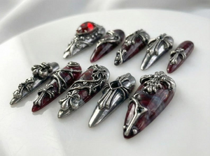 Gothic Blood Cross Press On Nails | Dark Red Medieval Nails | Silver Armor Nail Art | Gothic Cross Statement Nails | OB265EK