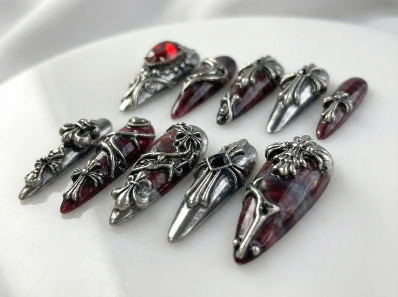 Gothic Blood Cross Press On Nails | Dark Red Medieval Nails | Silver Armor Nail Art | Gothic Cross Statement Nails | OB265EK