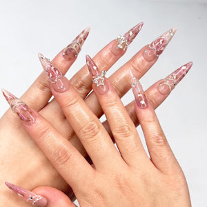 Leopard Print Press On Nails | Luxury Gyaru Y2K Stiletto Nails | Silver Star Chain Heart Fake Nails | OB405LK