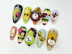 Fruity Fun Press On Nails | 3D Fruit Bug Nail Art | Clock Design Cute Kawaii Nails | Colorful Handmade Fake Nails | Summer Nails | OA802YC