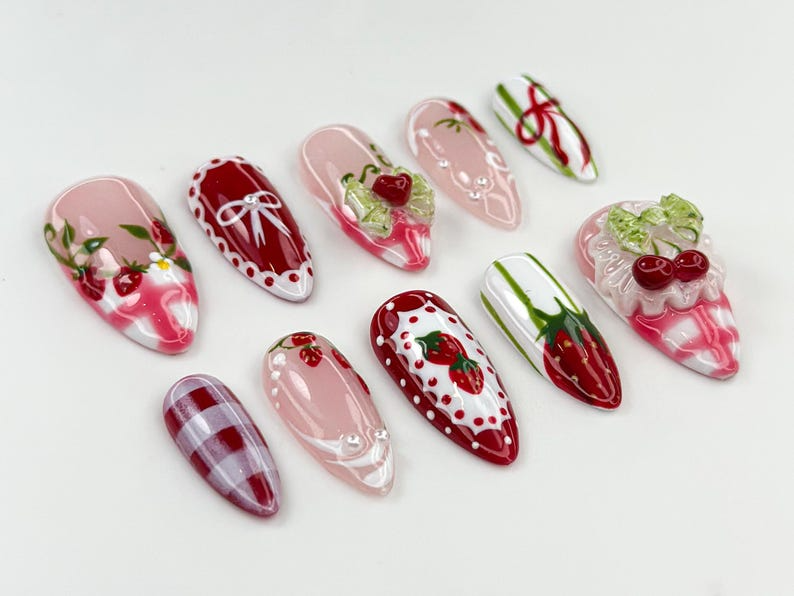 Strawberry Picnic Press On Nails | Cute 3D Strawberry And Bow Nail Art | Gingham Vintage Picnic Nails | Red & Pink Summer Nails | OB822H