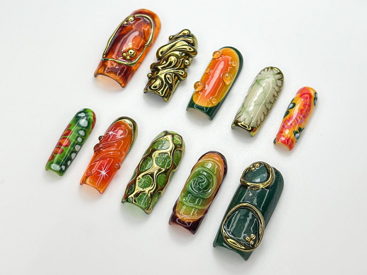 Retro Jungle Luxe Press On Nails | 3D Gold Abstract Nail Art | Green & Orange Swirl Press Ons | Handmade Statement Nails | OB976HC