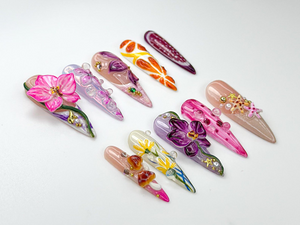 Summer Press On Nails Tropical Bloom | 3D Orchid & Fruit Nail Art | Colorful Summer Flower Design | Handmade Nature Nails | OB983HC