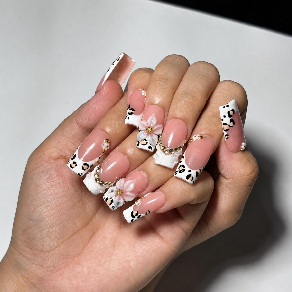 Luxury Leopard Press On Nails | Pearl Flower Nude Nail Set | Elegant French Tip Nails | Quiet Luxury Animal Print Nails | OC450J