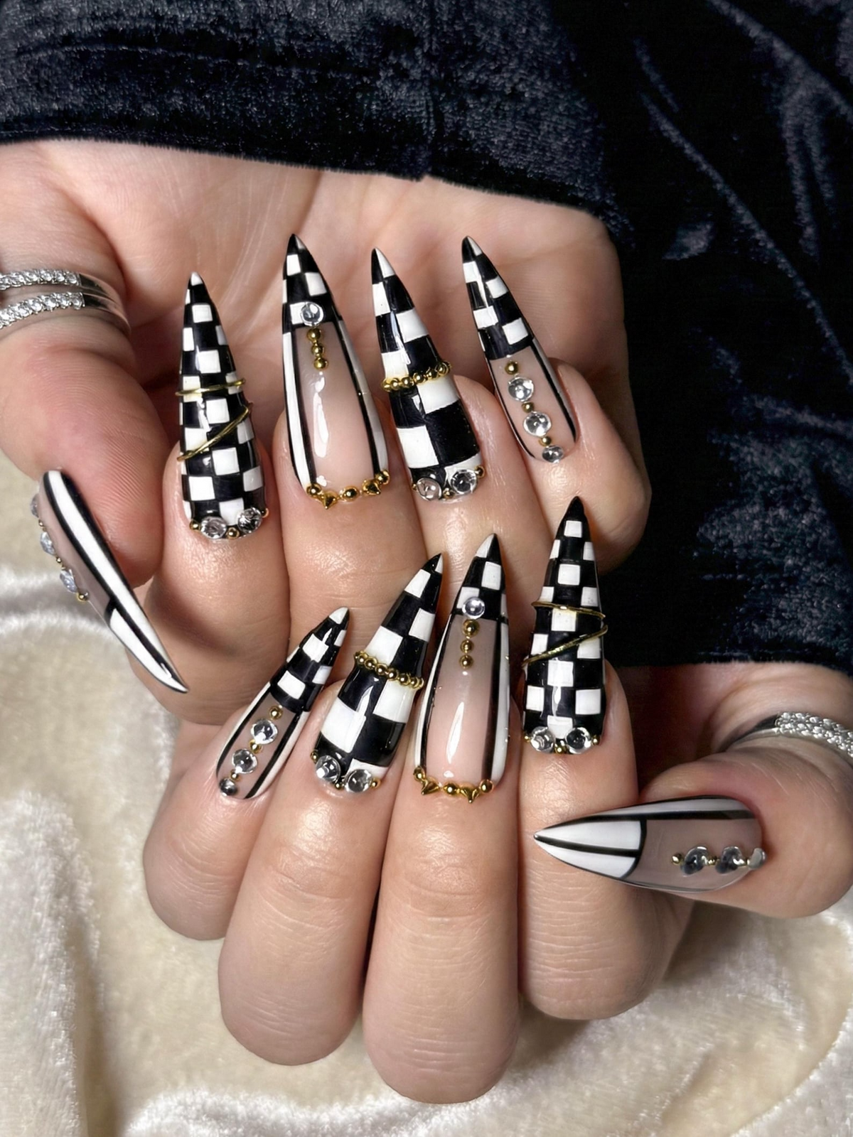 Black & White Gothic Press On Nails | Luxury Girl Stiletto Nail Art | Gold Accent Checker Nails | High Fashion Press Ons | OB1264EC