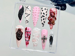 3D Punk Gothic Press On Nails | Edgy Pink Fake nails| Kawaii Horror Y2K Nail Art | Pink Horror Kawaii Nails | 3D Bloody Bear Nails| OB937YC