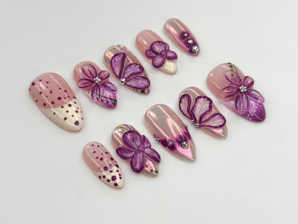 Glossy Purple Flower Press On Nails | 3D Floral Chrome Nails | Handmade Long Nails | Sparkling Violet Flower Tips| Elegant Nail Set |OC770LC