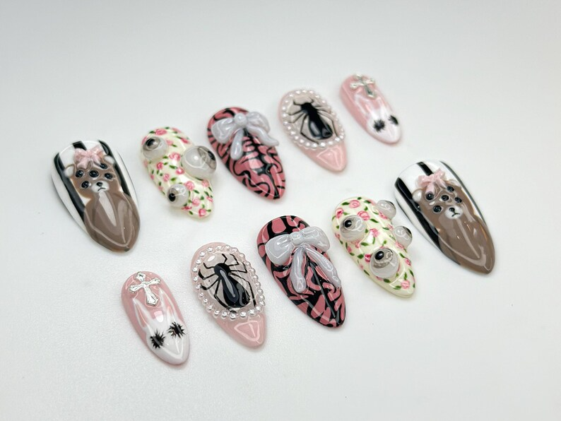 Creepy Cute Teddy Press On Nails | 3D Bear & Bow Nails | Gothic Pastel Floral Nail Art | Soft Horror Pink Press Ons | OB907HC