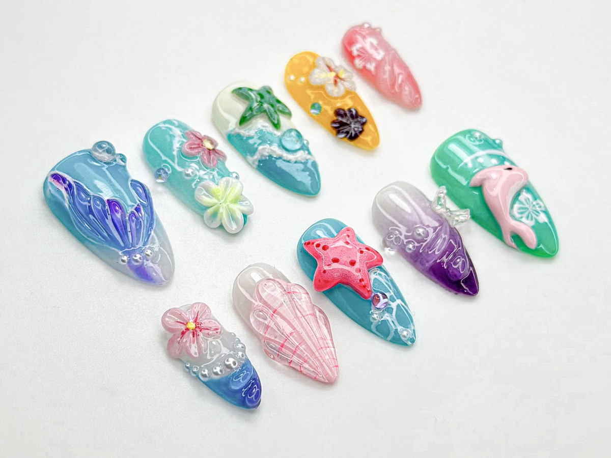 Tropical Starfish Press On Nails | Summer Ocean Beach Nail Set | 3D Starfish & Hibiscus Nail Art | Vibrant Mermaidcore Press Ons | OB794HC