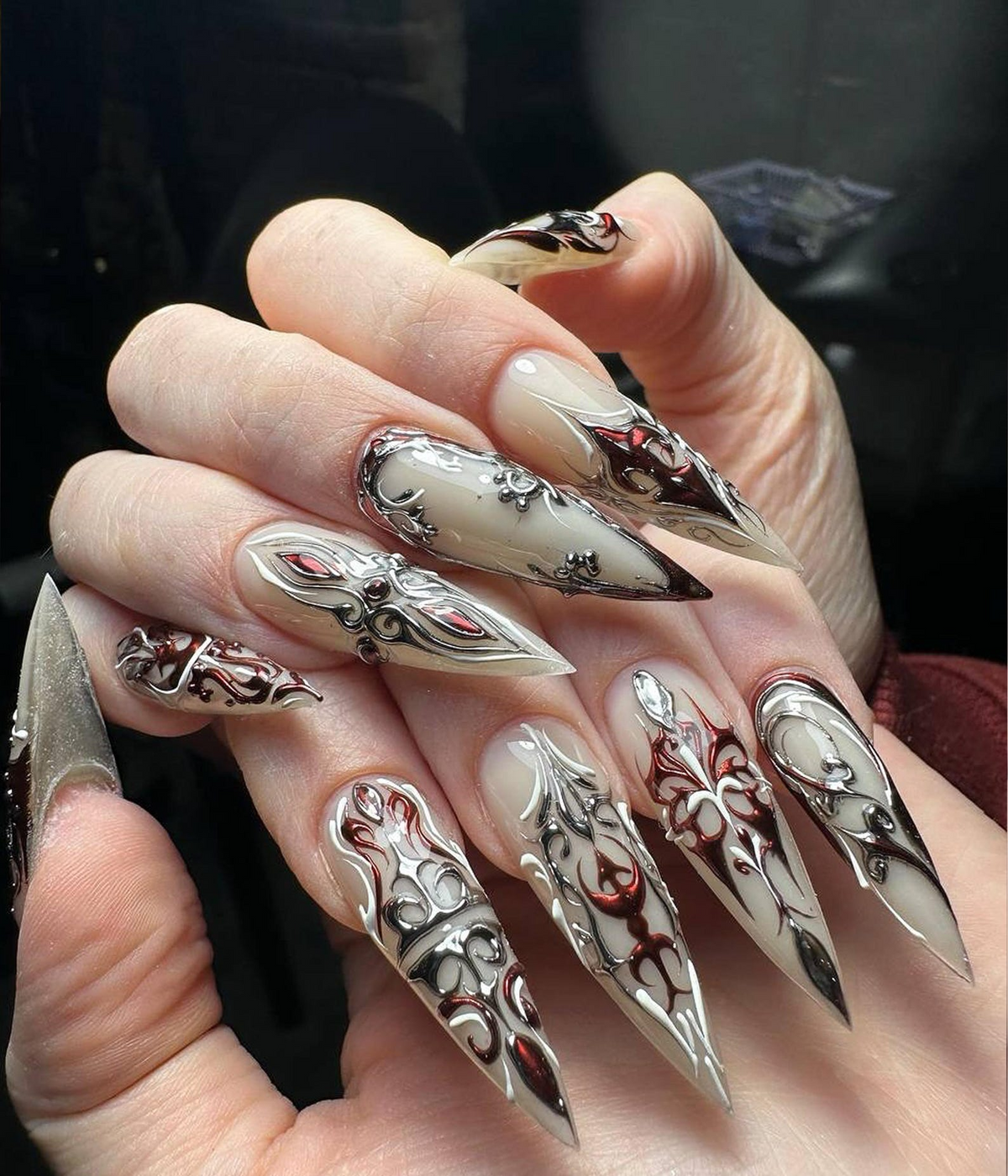 Red Silver Gothic Press On Nails | 3D Gothic Warrior Nail Art | Handmade Red Silver Metallic Nails | Dark Fantasy Armor Tips | OB803HK