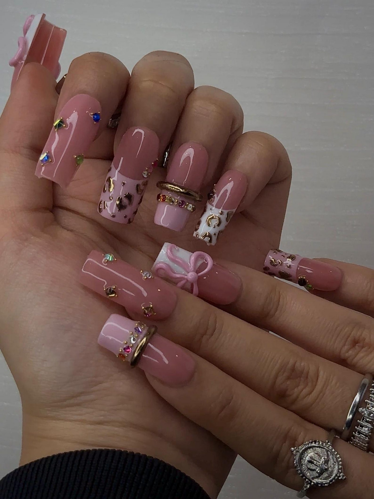 Blush Pink Leopard Press On Nails for Luxury Nail Lovers | Nude Pink Nails with 3D Bow Accent| Leopard French Tips with Gold Detail| OB288HC
