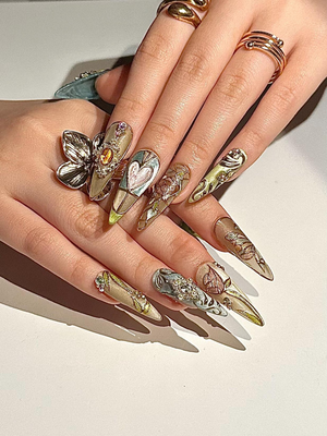 Baroque Stained Glass Press On Nails | Vintage Luxury Heart Nails | Handmade Victorian Aesthetic Nails | Handmade Stiletto Press Ons|OB311HC