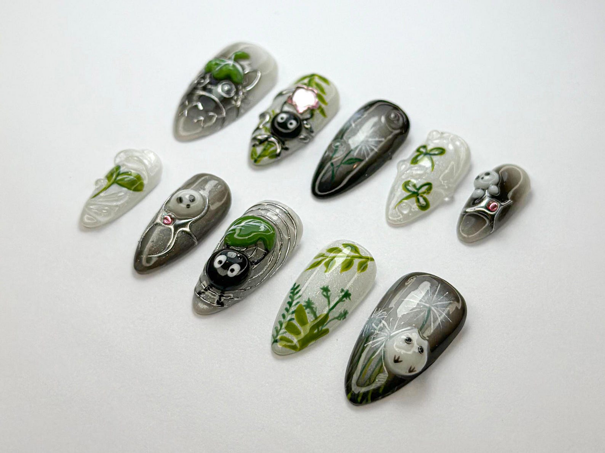 Whimsical Forest Totoro Press-On Nails | Totoro-Inspired Handmade Nailss | Totoro & Soot Spirit Nail Design | Handmade Fantasy Nail |OB719HC