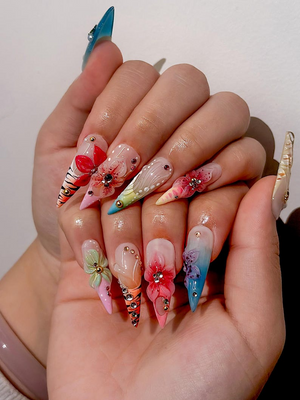 Spring Blossom Fantasy Press On Nails | Colorful Floral Spring Nails | Pastel Garden Stiletto Nails | Fresh Spring Bloom Art Nails | OB1011EC
