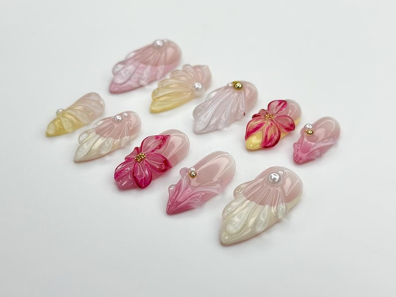 Jelly Flower Press On Nails | 3D Floral Nails with Pearls and Petal Wings | Romantic Pink Gel Nail Set | Summer Nails | Holiday Nail|OB940DC