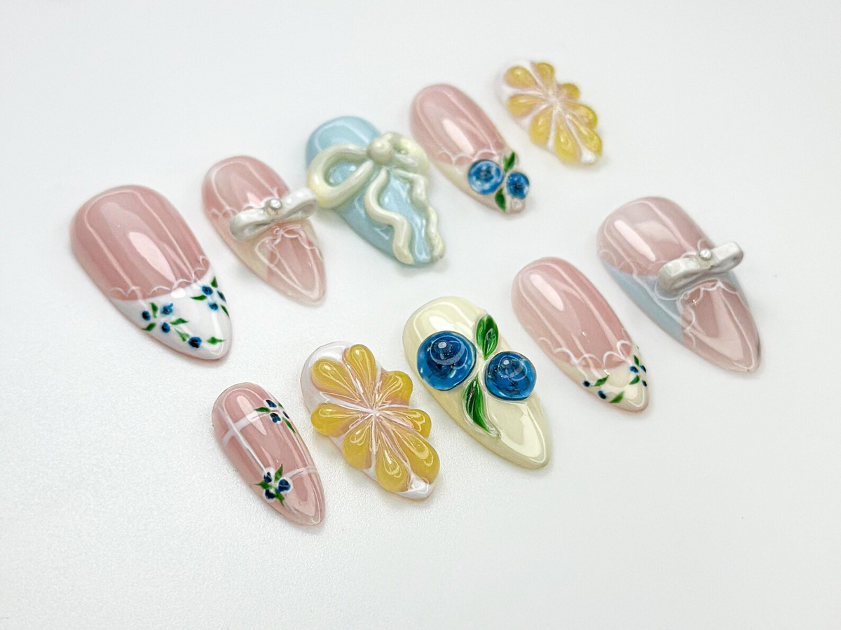 Lace French Tip Press On Nails | Blueberry Floral Nails | Kawaii Vintage Ribbon Nail Art | 3D Bow Pink Press Ons | Pastel Nails | OC886HC