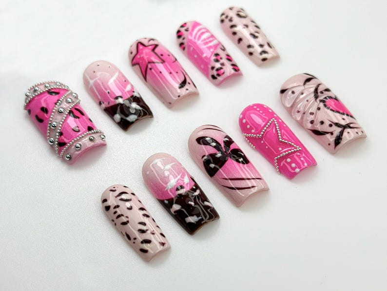 Pink Y2K Leopard Press On Nails | Rhinestone Star Design | Heart & Animal Print Nails | Bold Pink Chrome Nail Art| Trendy Y2K Nails |OC845HC