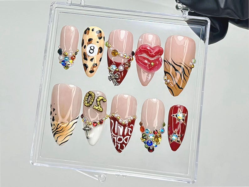 Leopard Rhinestone Press On Nails | Bold Animal Print Fake Nails | Girls Don’t Cry Nail Art | 3D Lips & Crystal Press Ons |Nail Art |OB910YK