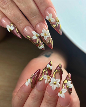 Bold Red Floral Press On Nails | Red Nude Gradient Nails | 3D White Floral & Gold Accents | Statement Autumn Nails | OB177EC