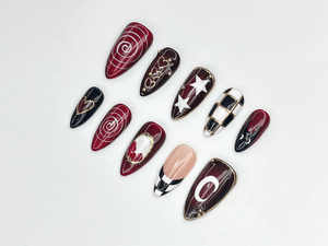 Gothic Carnival Press On Nails | Red Black Swirl & Heart Nail Art | Checkerboard Gothic Nail Set | Handmade Cosplay Nails | OC1149BC