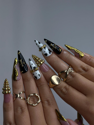 Gothic Cow Glam Press On Nails | Black & White Cow Print Stiletto Nails | Gold 3D Metal Accents | Spider Charm Nail Art | OB1058YK