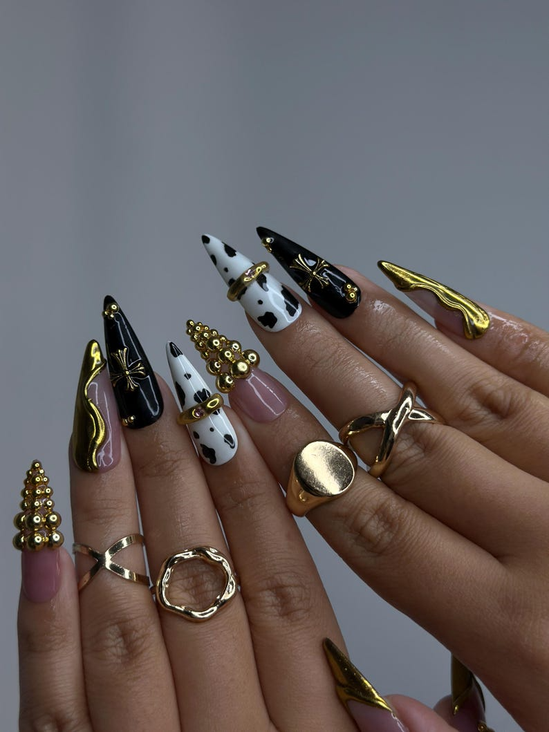 Gothic Cow Glam Press On Nails | Black & White Cow Print Stiletto Nails | Gold 3D Metal Accents | Spider Charm Nail Art | OB1058YK