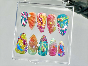 Colorful 3D Press On Nails by Dorynail | Swirl Rainbow Fake Nails | Swirly Neon Nail Art |Multicolor 3D Nail Art |Psychedelic Nails|OB796YC