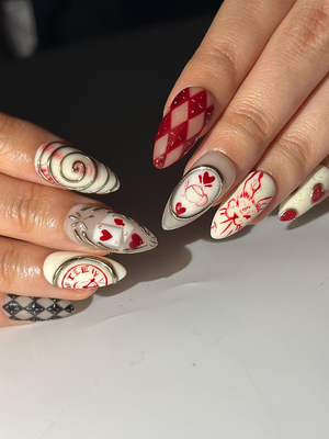 Alice Wonderland Easter Press On Nails | Playing Card Heart Nails | Red White Nails | Fantasy Swirl Set | Handmade Press Ons | OB1295HC
