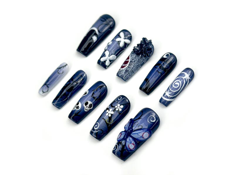 Midnight Gothic Butterfly Press On Nails | Dark Blue Fantasy Nail Art | 3D Butterfly, Skulls & Floral Accents | OC140EC