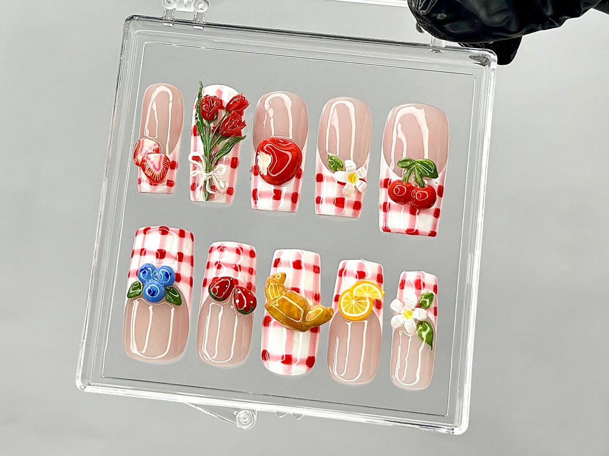 Gingham Picnic Press On Nails | 3D Fruit & Floral Nail Art | Cherry Strawberry Lemon Press Ons | Cottagecore Picnic Fake nails | OB944YK