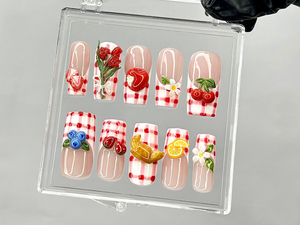 Gingham Picnic Press On Nails | 3D Fruit & Floral Nail Art | Cherry Strawberry Lemon Press Ons | Cottagecore Picnic Fake nails | OB944YK