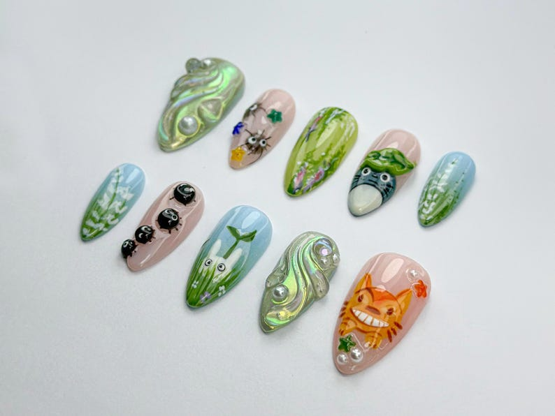 Whimsical Totoro Press On Nails | Ghibli Totoro & Friends Nail Set | Forest Spirit And Soot Sprite Set | Handmade Totoro Nail Art | OB742HC