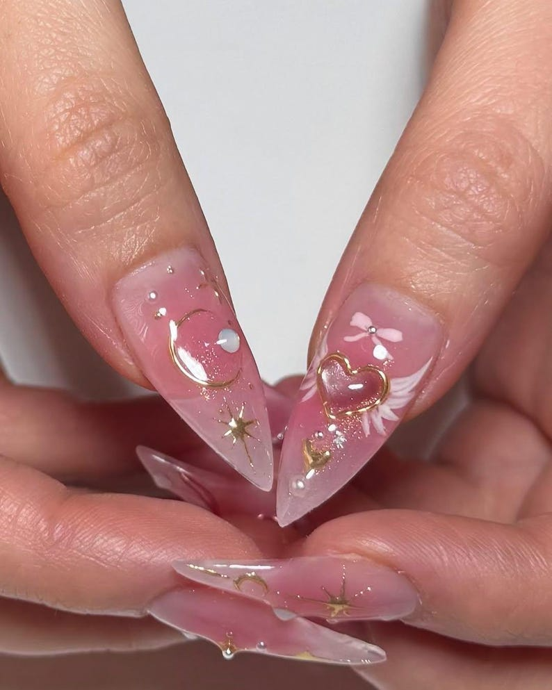 Moon & Star Romantic Press On Nails | Pink Fantasy Nail Art | Magical Soft Girl Press Ons | Pearl Dreamy Nail Set | Soft Girl Nails |OC833HC