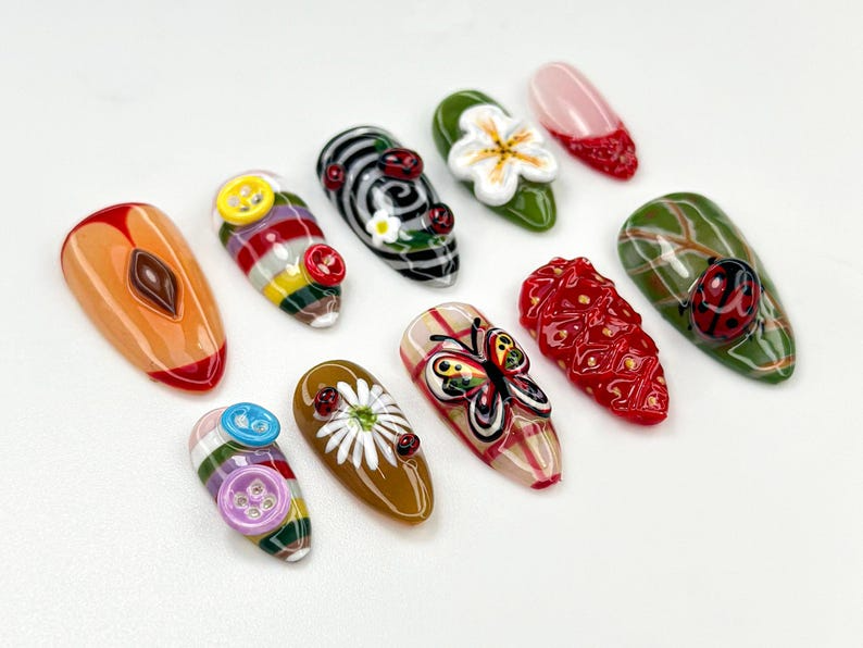 Whimsical Garden Themed Press On Nails | Cottagecore Strawberry & Button Nail Art | Vintage 3D Ladybug Nails | Forestcore Press Ons |OB824H