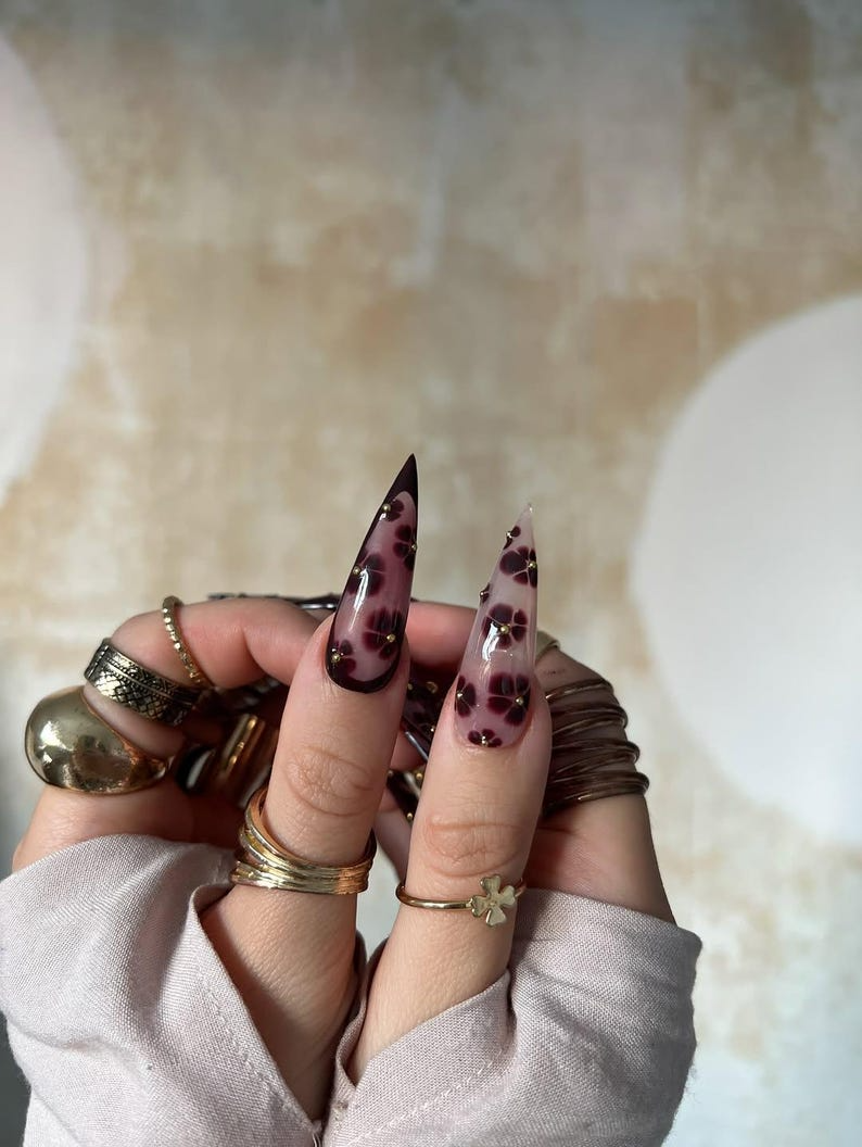 Fall Rose Luxe Press On Nails | Pink & Brown Autumn Glam Nails | 3D Bow and Rose Accents | Elegant Metallic Nail Design | OB1099EK