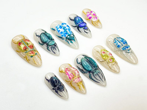 3D Beetle Press On Nails | Insect Art Nail Design | Vintage Bug Aesthetic Nails | Handmade Ceramic-Inspired Nail Set | Scarab Nails |OB875HC
