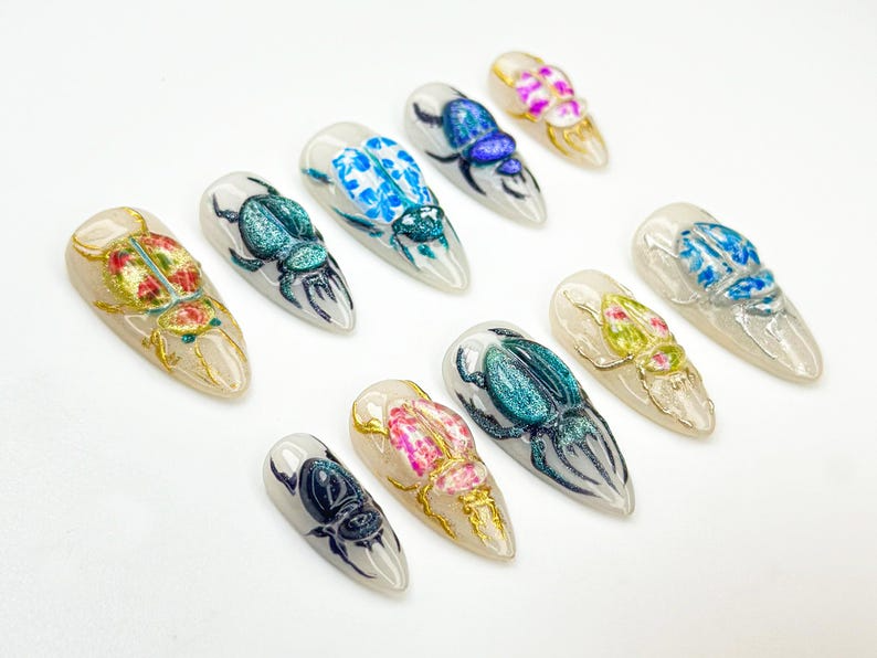 3D Beetle Press On Nails | Insect Art Nail Design | Vintage Bug Aesthetic Nails | Handmade Ceramic-Inspired Nail Set | Scarab Nails |OB875HC