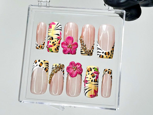Leopard Floral Press On Nails | Pink Flower Cheetah French Tips Nail Art | Safari Press Ons | Animal Print Fake nails | Wild Animal |OB943YK