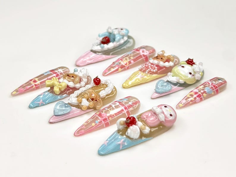 Pastel Fairy Kei Press On Nails | 3D Cartoon Bear Bunny Nail Art | Harajuku Kawaii Fake Nails | Cute 3D Kawaii Nails | cute cute nails |OB580YP